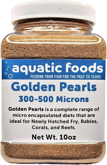 Aquatic Foods Inc. Golden Pearls 300-500 Micron Size New Fry, uveniles of Shrimp, Axolotls, Discus, Cichlids, Catfish, Tetras, Angel Fish, Guppies, Bettas, Goldfish, Corals, Reefs …10oz Small Jar