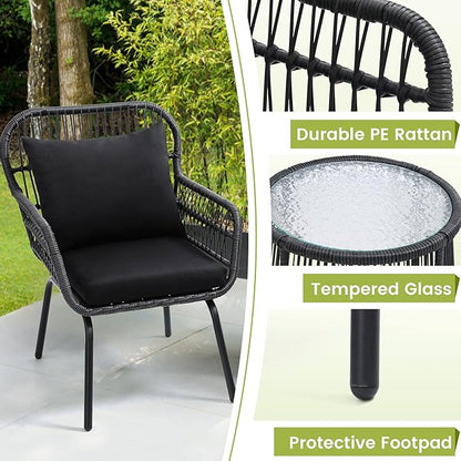 wildformers 3 Pieces Rattan Wicker Bistro Set, Outdoor Conversation Set, Wicker Furniture Set with Glass Top Table, Space Saving for Balcony, Backyard, Black