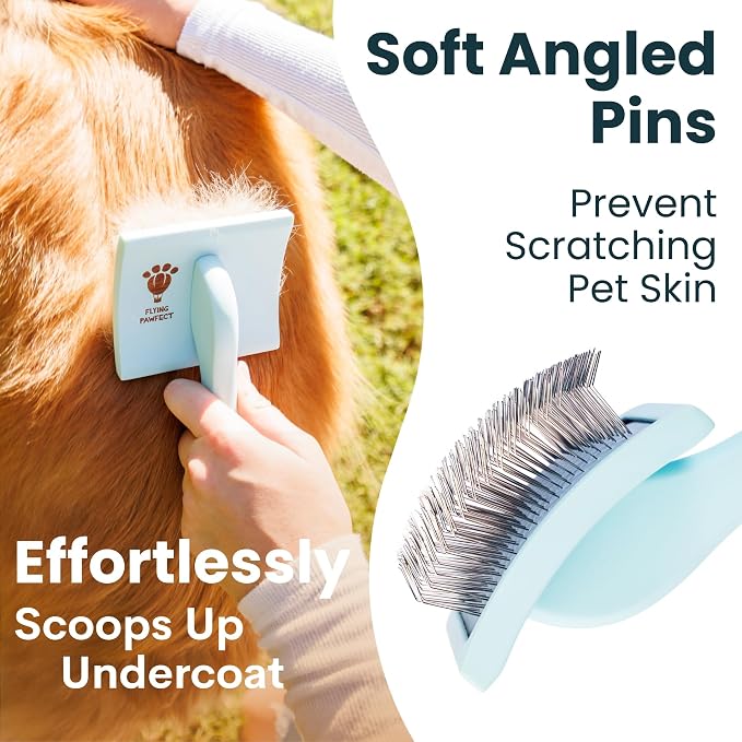 Pet Slicker Brush With Soft Massage Grooming Stainless Steel Pins - For Dematting, Shedding Fur, and Undercoat - Ideal Gift for Professional Pet Groomers - Long Slicker Brush (Blue, Curved Small)