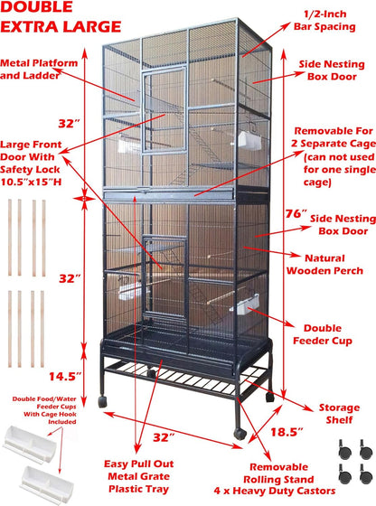 Extra Large Double Stacker Breeding Flight Bird Wrought Iron Double Parrot Bird Breeder Cage Side Nesting Box Doors Easy Clean Pull Out Metal Grate and Tray with Removalbe Rolling Stand