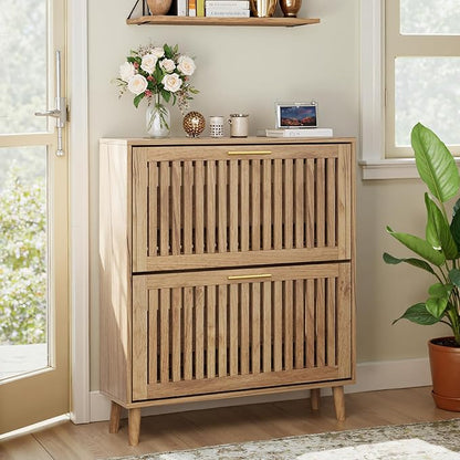 Shoe Storage Cabinet with 2 Flip Slatted Drawers, Narrow Freestanding Shoe