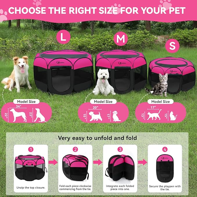 Siedihit Dog Cat Playpen, Large Puppy Pet Playpen, Dog Crate Tent Cage | Indoor/Outdoor, Portable Pop Up Dogs Kennel Playpen with Carrying Case for Dogs/Cats/Rabbits, Hot Pink
