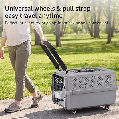RIZZARI Large Pet Carrier with Wheels, Hard-Sided Rolling Dog and Cat Carrier Up to 25 Lbs, Top Access Travel Crate with Pull Strap, Metal Wire Door, Elevated Floor, Feeding Bowl and Ventilated Design