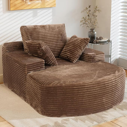 WJShome Oversized D-Shaped Lounge Chair Indoor, Modern Upholstered Corduroy Deep Seat Circle Single Foam Couch,Cloud Lounge Floor Sofa Chair for Living Room, Brown