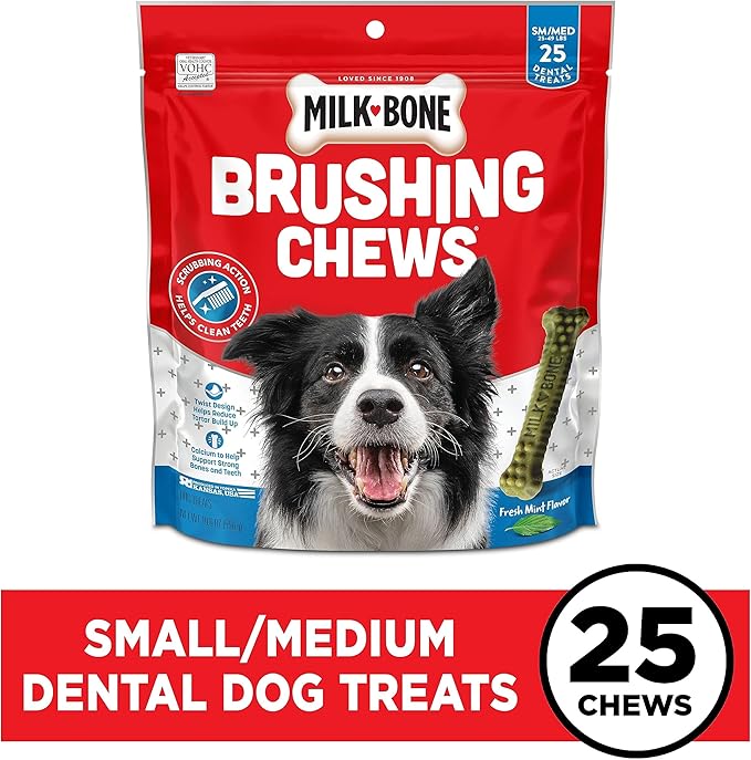 Milk-Bone Brushing Chews Daily Dental Dog Treats, Fresh Mint Flavor, Small/Medium, 25 Count