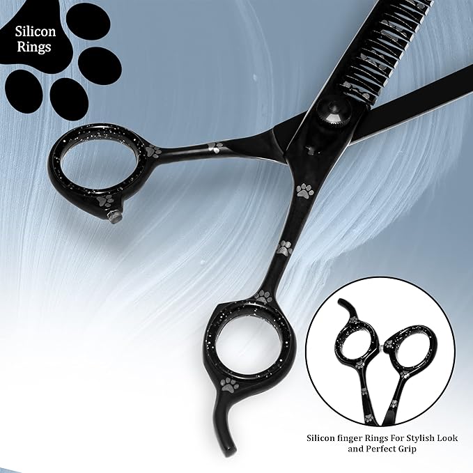 Professional Dog Grooming Chunker Shears/Scissors with Paw Prints for Dogs, Cats & Pets (Right Handed, Black, Stainless Steel 8 Inch)