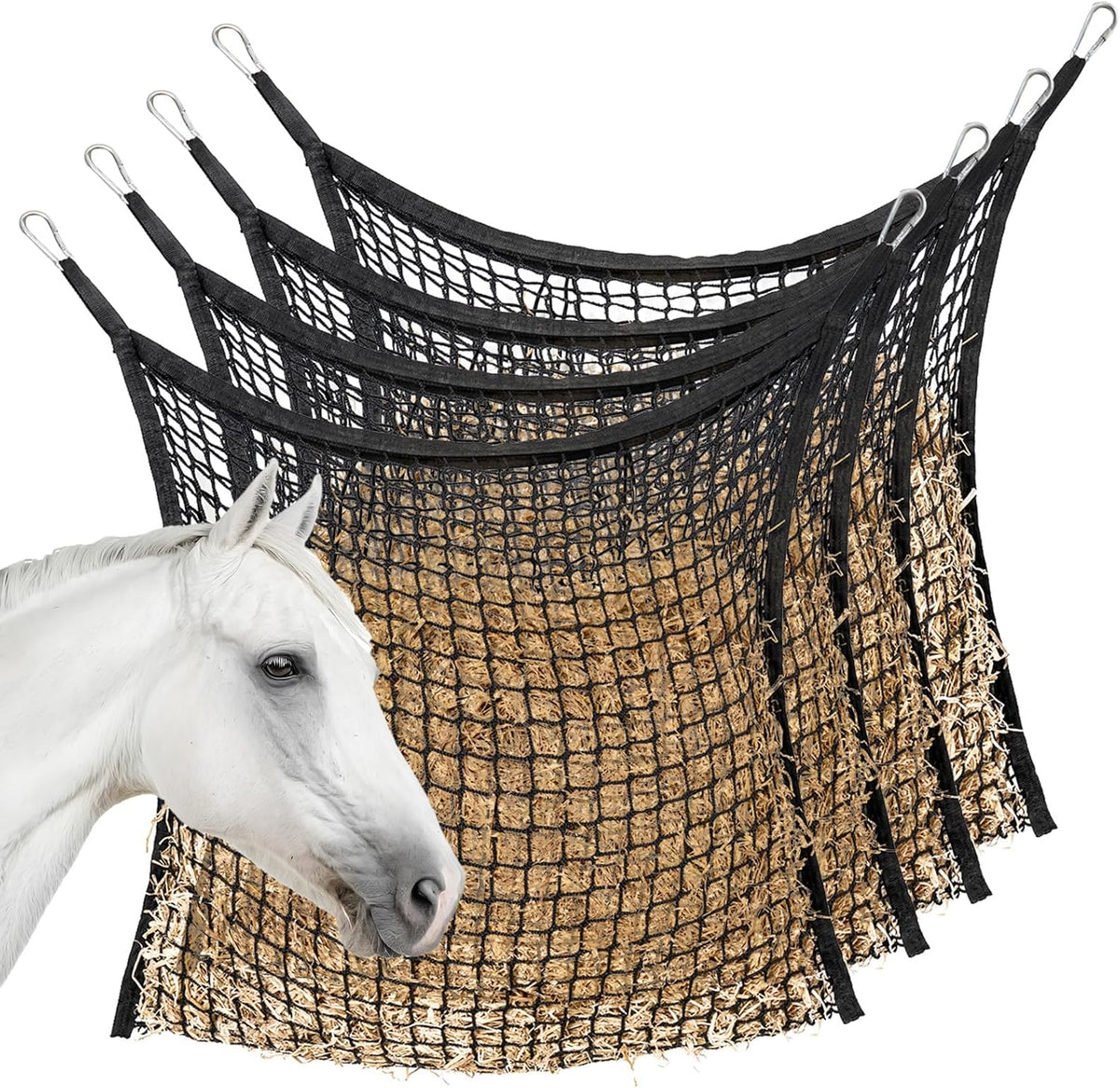4 PCS Slow Feed Hay Net for Horses, Large Capacity Hay Bags for Horses Goats Sheep Donkey Trailer Full Day Feeding, Easy to Fill and Hang, Black, 35 x 31 Inch