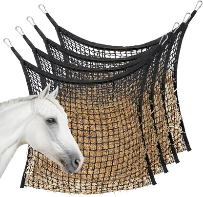 4 PCS Slow Feed Hay Net for Horses, Large Capacity Hay Bags for Horses Goats Sheep Donkey Trailer Full Day Feeding, Easy to Fill and Hang, Black, 35 x 31 Inch