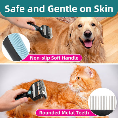 3-IN-1 Pet Grooming Tool - Undercoat Rake, Dematting Comb & Deshedding Brush for Cats & Dogs - Removes Mats, Tangles & Loose Fur, Reduces Shedding & Prevents Hair Mess (Blue)