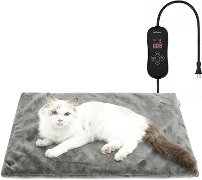 Cat Heating Pad, Heated Cat Bed with 5 Heat Levels, Timer & Auto Shut-Off, Waterproof Warmer with Thick Fleece Cover, Chew-Resistant Cord, for Indoor & Sheltered Outdoor Use (Gray, Small)