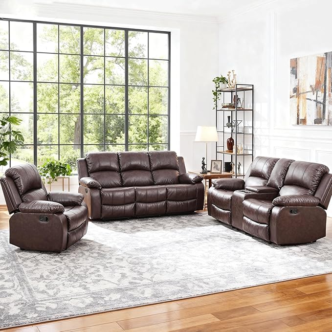 Saxum Tegmen Living Room Furniture Sets, Leather Recliner Sofa, Sectional Sofa Set with Convertible Table & Cup Holders, 3 Pieces Furniture for Living Room/RV/Office (3 Pieces Set, Brown Leather)