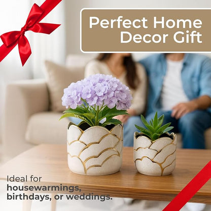 Modern Decorative Home Decor Planters for Flower Pots - Ideal for Indoor and Outdoor Plants for House Decor - Plant Pots for Garden Accent or Plant Stand Indoor - Set of 2, 7", 5", Ivory & Gold