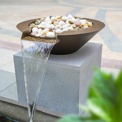 20" Round Garden Water Bowl, Stainless Steel Spilling Water Feature for Outdoor Ponds, and Other Landscaped Areas (Antique Brown Coated)