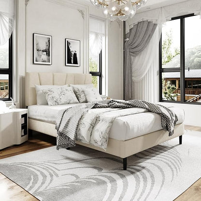Full Size Platform Bed Frame with Upholstered Headboard, Wooden Slats Support, Noise Free, No Box Spring Needed, Easy Assembly, Beige, Velvet
