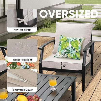JOYURE 4 Pieces Patio Furniture Set w/loveseat,Coffe Table,Outdoor Conversation Metal Sofa with High Back and Thick Cushion,for Backyard,Garden,Beige