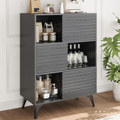 IDEALHOUSE Fluted Cabinet with Sliding Doors, Modern Wooden Storage Cabinet
