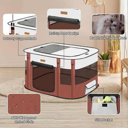 Dog Playpen - Foldable Cat Play Pens for Pubby,Kitten, Rabbit,Portable Pet Tent with Carring Bag for Indoor/Outdoor Travel Camping (Brown-Large)