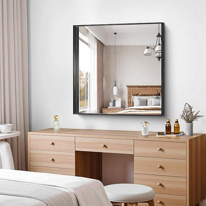 CIRCUMI Black Bathroom Mirror, Brushed Finish, Tempered Glass, Square Mirror
