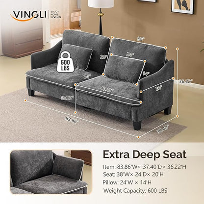 VINGLI 84" W Oversized Comfy Two Seat Love Seat, 37" Extra Deep Seat Piping Design Loveseat Couch with Two Pillows, Linen Fabric Modern Small Sofa for Small Living Room, Bedroom, Black
