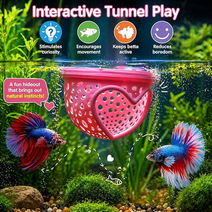 Heart Pink Floating Betta Tunnel with Strong Suction Cup, Floating Betta Enrichment Toys, Aquarium Betta Hammock, Promote Excercise & Stress Relief, Betta Fish Tank Decor Accessories