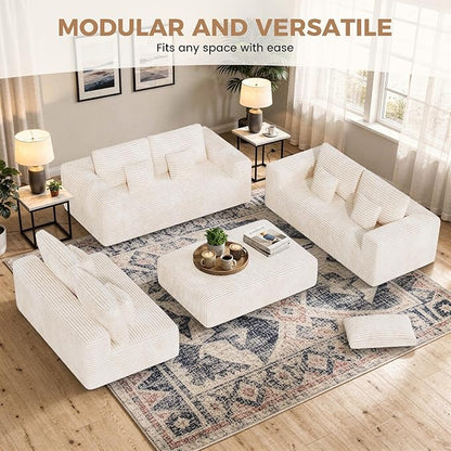 136'' Large Sectional Cloud Couches with Chaise, U Shaped Boneless Sofa Bed with Ottoman, No Assembly Required Deep Seat Modular Lounge for Living Room 4PCS Set, Bedroom(Beige)