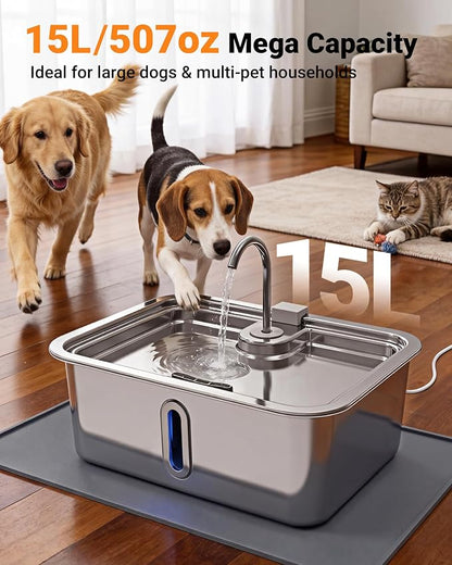 3.96Gal/15L Large Dog Water Fountain with Pet Feeding Mat and 3 Filters | Stainless Steel Pet Water Fountain for Dogs Cats, Dog Water Bowl Dispenser with Visible Window, Alert Light, Quiet Pump