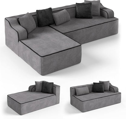 SUNSHINE VALLEY Cloud Sectional Couch for Living Room, 104'' L-Shaped Modular Sofa with Chaise, Modern Corduroy Boneless Couch with Deep Seat, No Assembly Required, Grey
