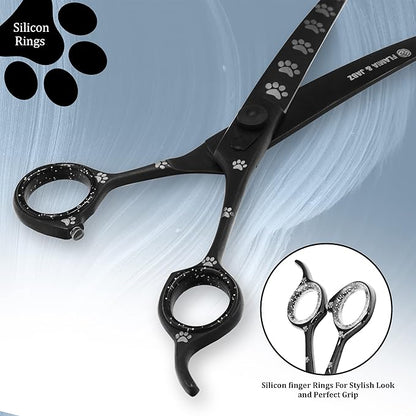 Professional Dog Grooming Scissors/Shears, Curved, with Paw Prints for Dogs, Cats & Pets (Right Handed, Black, Stainless Steel 8 Inch)