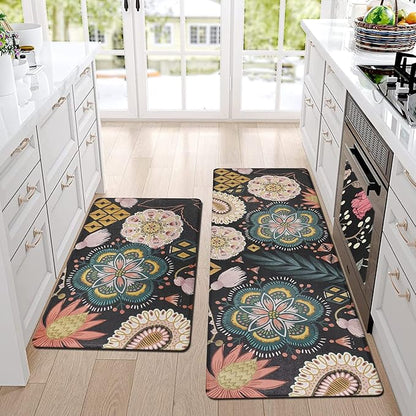 Homcomoda Boho Floral Kitchen Mats Cushioned Anti Fatigue 2 Piece Set Kitchen Rugs and Mats Non Slip PVC Waterproof Kitchen Comfort Mats for Standing Sink Laundry