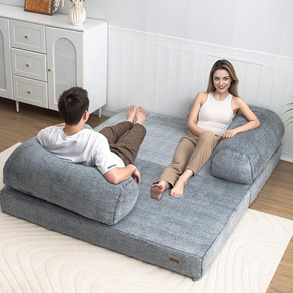 COMAX 4-in-1 Futon Sofa Bed, Queen Size Foldable Couch with L-Shaped Armrests, Convertible Sleeper Chair Bed, Comfortable Lounge Mattress for Living Room and Bedroom, Snow Grey