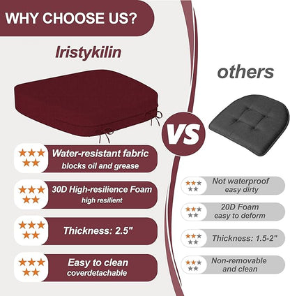 17'' x 16'' x 2.5"Thick Chair Cushions for Dining Chairs, 4 Pack WaterProof Easy Clean Kitchen Chair Pads with Ties and Non-Slip Backing - 30D High Elastic Foam Soft Kitchen Chair Cushions