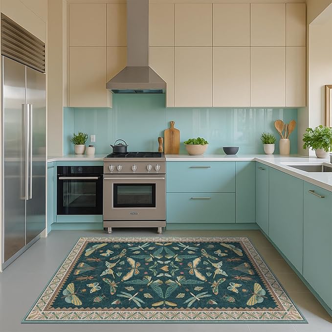 Dark Teal 4x6 Area Rugs for Door Mat Entrance - Vintage Floor Rug for Entryway, Mudroom Kitchen, Floral Forest Insect Print, Washable Low Pile Non-Slip Stain Resistant