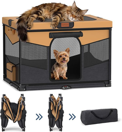 LOOBANI Dog Playpen for Small Dogs, 32"x24"x22", Foldable & Portable, Brown | Pet Playpen, with Removable Washable 690D Fabric Cover, Sturdy Frame Cat Playpen for Indoor, Dog Crate for Small Animals