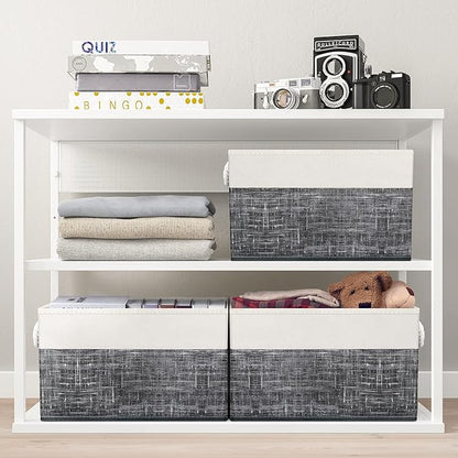 Fab totes Storage Bins [4-Pack], Foldable Storage Baskets for Organizing Toys, Books, Shelves, Closet, Large Storage Box with Rope Handles, Sturdy Organizer Bins, White & Black