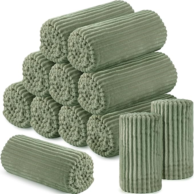 Buryeah 12 Pcs Flannel Throw Blanket Bulk 50 x 60 Inch Wedding Throw Blanket Soft Lightweight Winter Blankets with Striped Ribbed for Sofa Room Couch Donation Homeless Gifts (Sage Green)