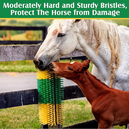 3 Pack Livestock Scratching Brush, Green and Yellow | Animal Scratcher, Itch Relief Grooming, Horse Goat Cow Scratcher, Fence Post Mounting, Durable Bristles, Farm Livestock Care