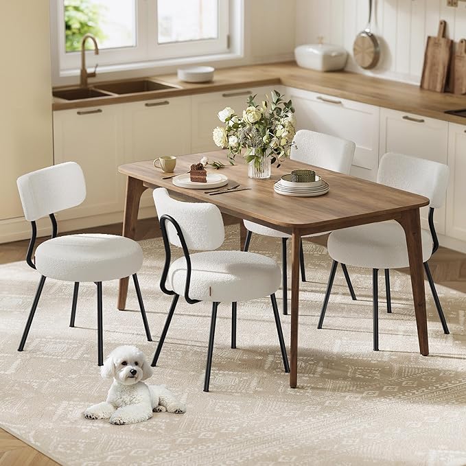 VASAGLE Boucle Dining Chairs Set of 4, Upholstered Kitchen Dining Room Chairs with Curved Backrest and Steel Frame, Modern Mid Century, Round, for Vanity, Living Room, Cream White UKDC110W14