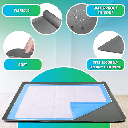 Dog Pee Pad Holder - Fits Up to 36” x 36” Pee Pad - 1 Pack - Grey | Stable Grip, Soft Edges, Quick Wipe Silicone Surface, Dog Pad Holder for Indoor Flooring Protection