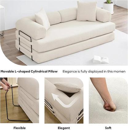 Convertible Sleeper Sofa Bed with Cylindrical Pillow, Corduroy Folding Mattress Couch with Fixed-Shape Frame, Floor Sofa Lounge Couch for Living Room Bedroom Lounge Studio, Beige