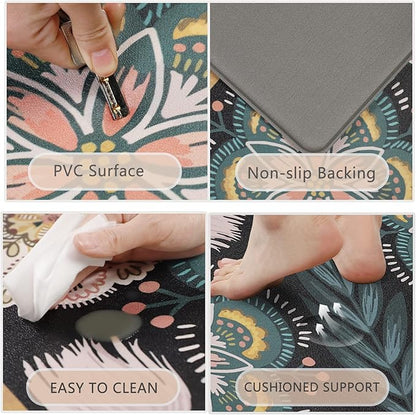 Homcomoda Boho Floral Kitchen Mats Cushioned Anti Fatigue 2 Piece Set Kitchen Rugs and Mats Non Slip PVC Waterproof Kitchen Comfort Mats for Standing Sink Laundry
