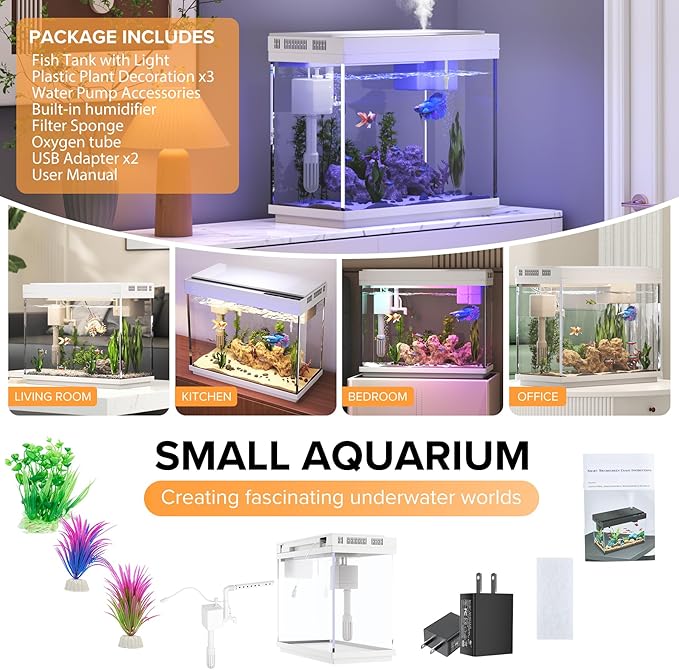 Vehipa Fish Tank 2.4 Gallon Aquarium Kit with Humidifier 7-Color Auto-Looping 3 in 1 Quiet Pump with Filteration & Oxygenation & Circulation, Temperature Display, HD Glass