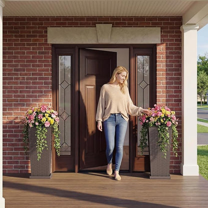 Devoko Resin Tall Planters for Outdoor Plants Set of 2, Large Taper Outdoor Planter Pots with 4 Drainage Holes, Flower Pots Modern Decor for Porch, Patio, Backyard, Garden(Brown, 30''with Trays)