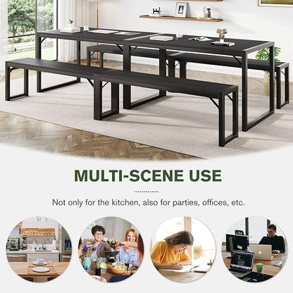 IMUsee 3PC 47.2" Dining Table Set for 4 with Benches, Heavy Duty Metal Frame, Small Space Saving Kitchen Dinette, Wood Board and Black Legs