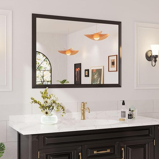 Amorho Bathroom Mirror Black, 50x36 Inch Thick Metal Framed Wall Mirrors