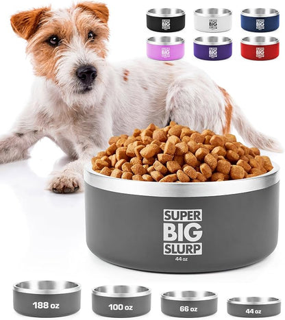 Tuff Pupper Heavy Duty Insulated Dog Bowl | Double Wall Stainless Steel Dog Food Dish | Non-Slip Spill Proof Dishwasher Safe Cat Bowl | Water Dish for Feeding Large Medium Small Pets (44oz, Grey)