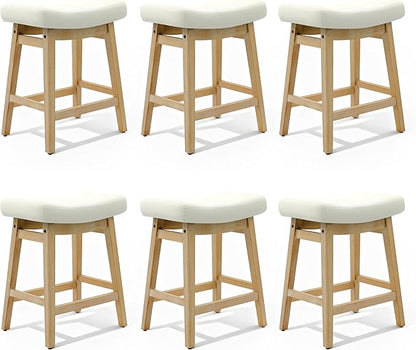 RNKSFX Counter Height Bar Stools Set of 6 for Kitchen Counter Backless Farmhouse Kitchen Island Barstools with Upholstered Faux Leather Saddle Seat and Solid Wood Legs Modern 24 inch Bar Chairs, White