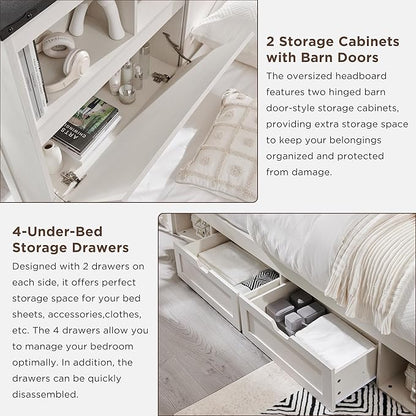 ACCOHOHO Farmhouse Full Size Bed Frame with 52" Tall Storage Headboard and LED Light, Wood Platform Bed with 4 Drawers, Charging Station, Solid Wood Slats Support, No Box Spring Needed, Antique White