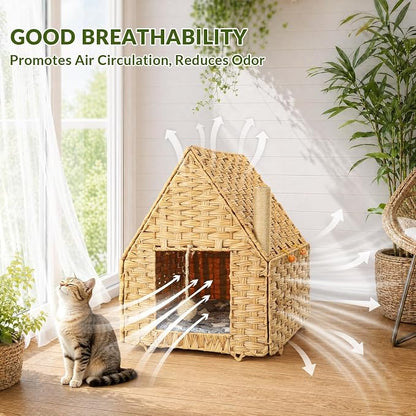 Handwoven Rattan Cat Bed for Indoor Kitten, Cat Cave Bed with Sisal Ball, Cushion & Cat Scratch Post, Foldable Hideaway Cat Hut in Bedroom Living Room, Natural