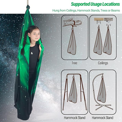 Sensory Swing for Kids Holds up to 300lbs Indoor & Outdoor Therapy Cuddle Swing with Hammock Hooks Hanger Kit for Calming, Effect for Autism, ADHD or SPD. (Space Green)