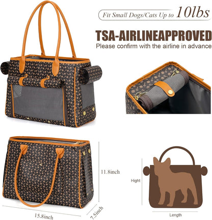 Minsong Fashion Pet Carrier Purse for Small Cat and Dog, Luxury Pu Soft-Sided Tote Bag with Large Pockets for Dogs and Puppies (Coffee, 15.8" L x 7.5" W x 11.8" H)